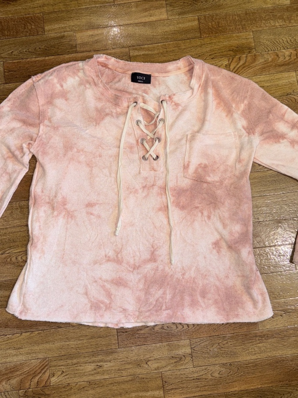 VICI Blush Pink Tie-Dye Lace-Up Long Sleeve Top